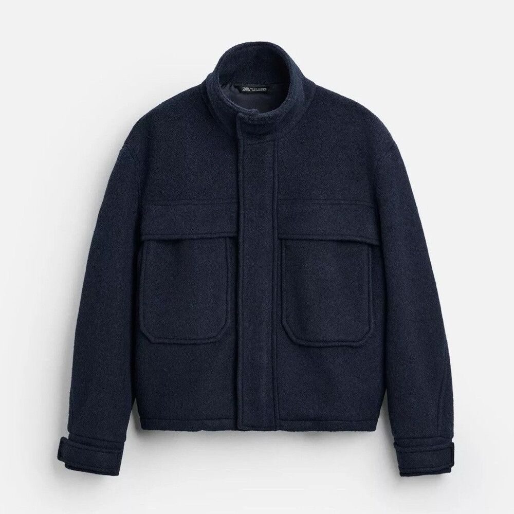 Zara Men's BOUCLÉ TEXTURED JACKET Blue Lapel Collar - Strap Cuffs Size US S New